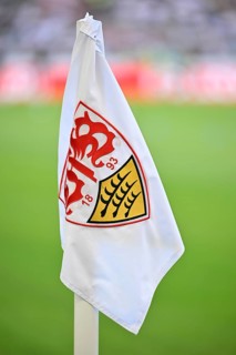 Corner flag, VfB Stuttgart MHPArena logo, MHP Arena Stuttgart, Baden-Württemberg, Germany