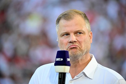 Board Member for Sport Fabian Wohlgemuth VfB Stuttgart Portrait in interview Microphone Microphone
