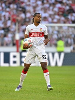 Lorenz Assignon VfB Stuttgart (22) with ball perimeter advertising LBBW MHPArena, MHP Arena