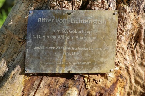 Shield, inscription, Ritter vom Lichtenstein, wooden sculpture sawn by Billy Tröge, artist, for the