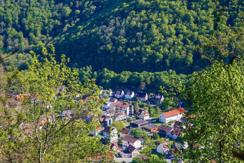 View from Lichtenstein Castle, view of the Echatztal, Honau, eaves of the Swabian Alb, Honau,