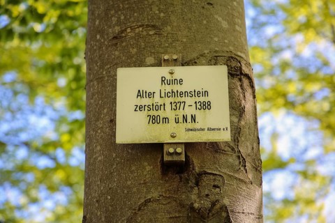 Sign, information board, Alter Lichtenstein ruins near Lichtenstein Castle, eaves of the Swabian