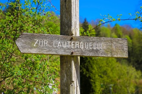 Signpost to the Lauter spring, Große Lauter, karst spring pot, park, idyll, Offenhausen,