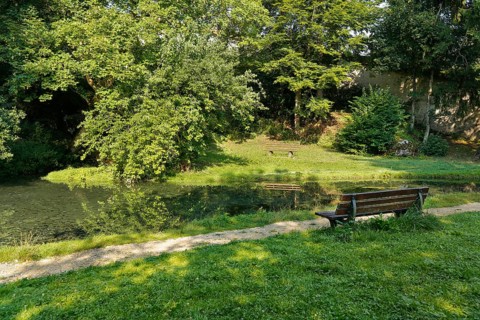 Lauter spring, Große Lauter, karst spring pot, park, idyll, meadow, lawn, trees, wooden bench,
