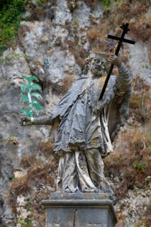 Sculpture of St Nepomuk in front of a rock face, Weltenburg, district of Kelheim, Lower Bavaria,