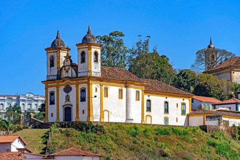 View of a historic baroque church in the city of Ouro Preto in Minas Gerais