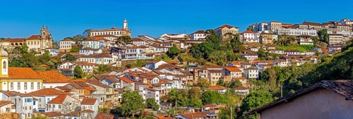 Panoramic view of the historic city of Ouro Preto with its houses and churches, Ouro Preto, Minas
