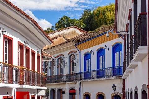 Old colonial houses and their balconies in the historic city of Ouro Preto in Minas Gerais, Ouro