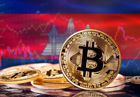 Bitcoin with Cambodia flag in the background. Investors in cryptocurrency and Blockchain Technology