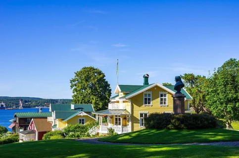 Historic building structures of Gustafsberg, a former spa and bathing resort on the Byfjord in