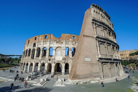View from east southeast to ancient Colosseum from ancient Rome right partially preserved up to the