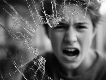 Ein Teenager schreit wütend durch eine kaputte Fensterscheibe, Aggressives Verhalten, Psychologie,
