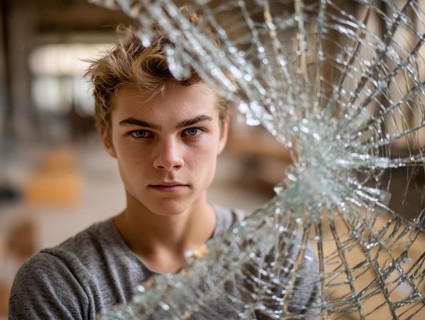 Ein Teenager schaut wütend durch eine kaputte Fensterscheibe, Aggressives Verhalten, Psychologie,
