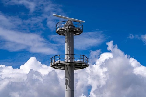 Radar tower, on the North Sea coast near Eemshaven, monitors shipping traffic on the coast,