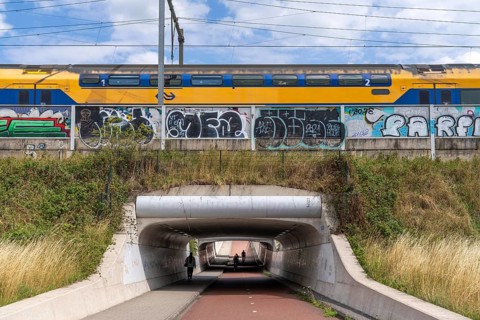 Cycle path in the north of Nijmegen, subway of the railway line, wide cycle path, Netherlands