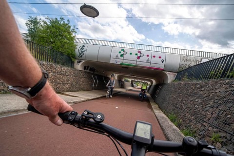 Rijnwaalpad long-distance cycle path, near the village of Elst, subway of the A15 motorway, wide