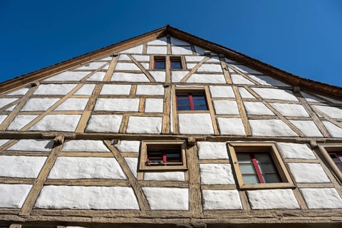 Detail of a historic half-timbered house in the old town centre of Stein am Rhein, Canton