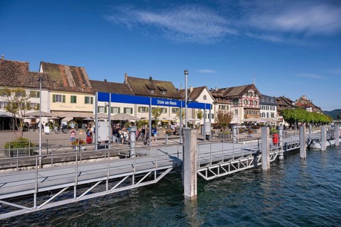 Jetty and promenade on the banks of the Rhine, Stein am Rhein, Canton Schaffhausen, Switzerland