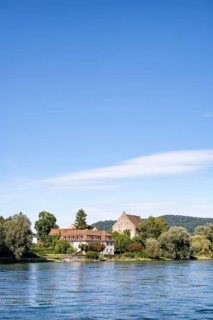 View over the Rhine, Hochrhein to the historic Bibermühle mill near Rheinklingen, Canton Thurgau,