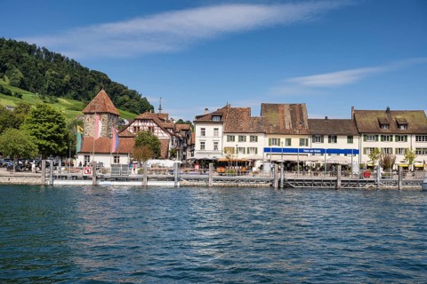 View across the Rhine to the old town of Stein am Rhein with the jetty, Canton Schaffhausen,