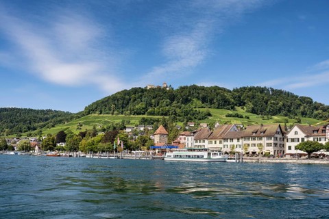 View across the Rhine to the old town of Stein am Rhein with Hohenklingen Castle, Canton