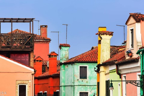 Typical Venetian chimneys, colourful façade details, Burano, Venice, Veneto, Italy