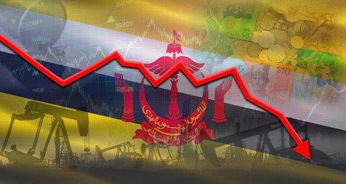 Fall oil price with flag of Brunei on economic chart, Petrol crisis with Brunei flag on financial