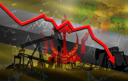 Petrol crisis with Brunei flag on financial graph. Fall oil price with flag of Brunei on economic