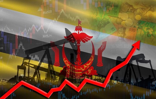 Oil production with Brunei flag, petrol industry. Oil pumps with Brunei flag
