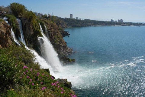 A waterfall cascades from cliffs into the sea, surrounded by flowers and a town in the distance,
