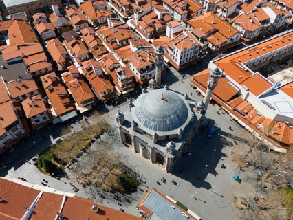Central mosque surrounded by historic buildings with red tiled roofs, aerial view, Aziziye Camii,