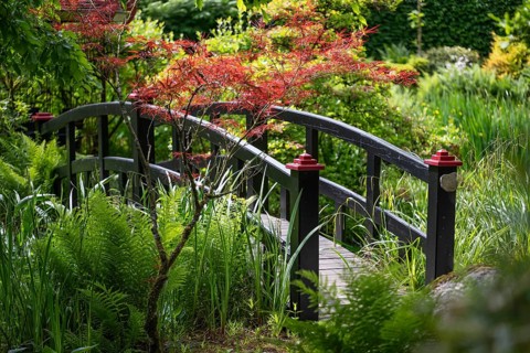 Black wooden bridge in Japanese style, Tambours Have or Tambours Garden, near Varde, Denmark