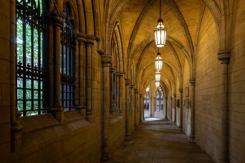 Illuminated neo-Gothic archway, St Mary Abbot Church, Kensington, London, England, Great Britain