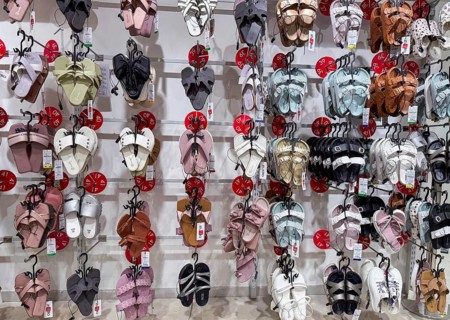 Sandals display at Zudio store in Guwahati, India, during a monsoon season sale on August 1, 2025