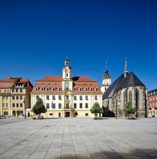 Baroque town hall, Protestant late Gothic St. Mary's Church, town church, and Mohren Pharmacy,