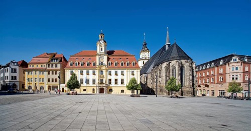 Baroque town hall, Protestant late Gothic St. Mary's Church, town church, and Mohren Pharmacy,