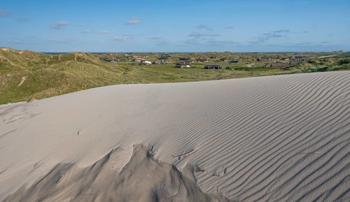 Dunes, wave pattern in the sand, holiday settlement, blue sky, Hvide Sande, North Sea, Denmark