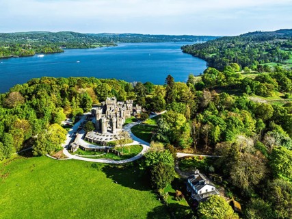 Wray Castle from a drone, Lake Windermere, Ambleside, Lake District, Cumbria, England, United