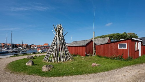 Shed, harbour with boats and red houses, Ringkøbing, Ringkøbing Fjord, Denmark