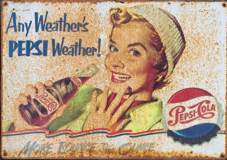 Vintage Pepsi advertising sign showing smiling woman in nostalgic style, Ringkøbing, Ringkøbing