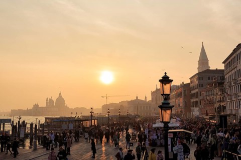 Crowd, Boat dock at St Mark's Square, St Mark's Basilica, Church on the horizon, Sunset in winter,