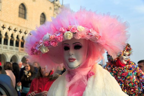 Venetian mask, disguised woman with big pink hat, walker, crowd on St Mark's Square, Carnival in