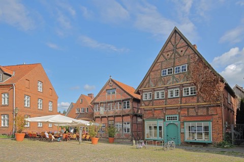 Eulenspiegel Museum, half-timbered houses, brick building, street pub, Am Markt, Mölln,