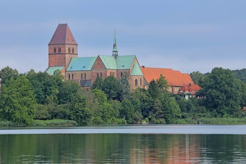 Romanesque cathedral with cathedral lake, Brick Romanesque, Brick church, Romanesque, Lake,