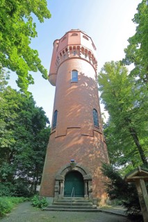 Red round water tower built in 1913, view upwards, Mölln, Schleswig-Holstein, Germany