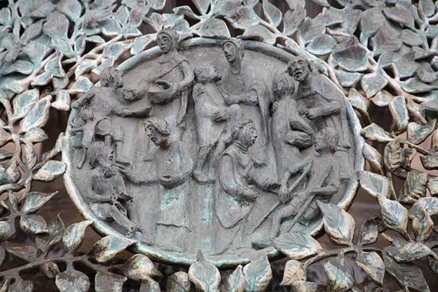 Bugenhagen Fountain by Ulrich Henn 1995 with Baptism and Holy Communion, parish, people, hand out