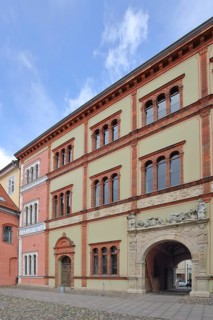 Historic district court with archway, portal, Wismar, Mecklenburg-Western Pomerania, Germany