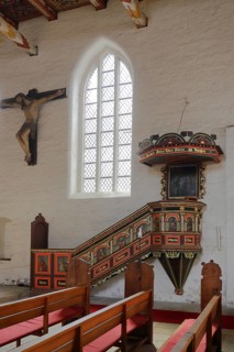 Pulpit with pulpit bonnet and crucifix of the Church of the Holy Spirit, interior view,