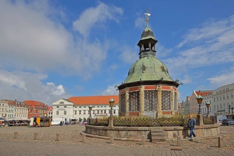 Renaissance water art with dome and classicist town hall, landmark, market square, Wismar,