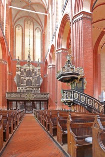 Gothic UNESCO St. Nikolai Church with pulpit and pulpit bonnet, pulpit cover, soundboard, pulpit